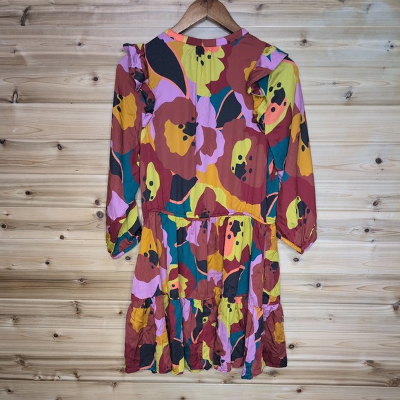 Marine Layer Floral Ruffle Tiered Mini Dress Tencel Burgundy Medium - Picture 4 of 13